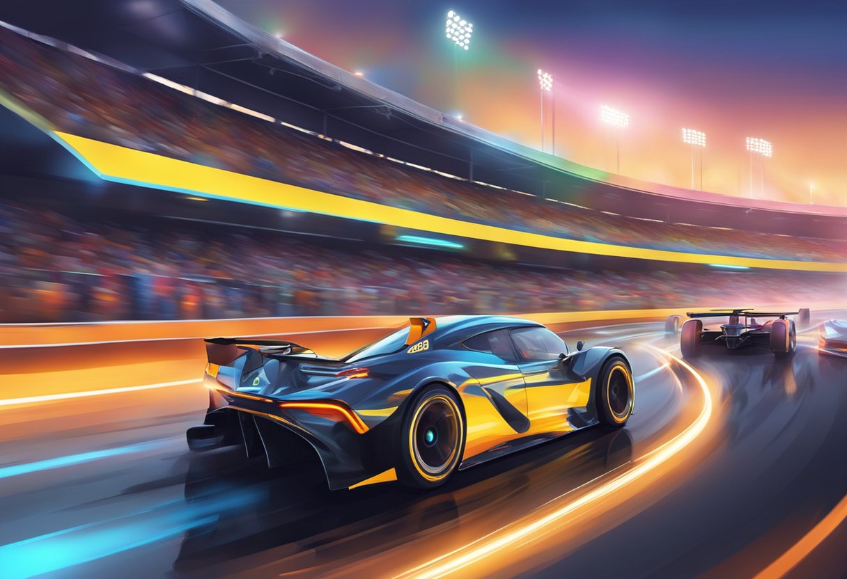 Cars speed around the illuminated track, casting vibrant reflections. Spectators cheer from the grandstands, adding to the electric atmosphere