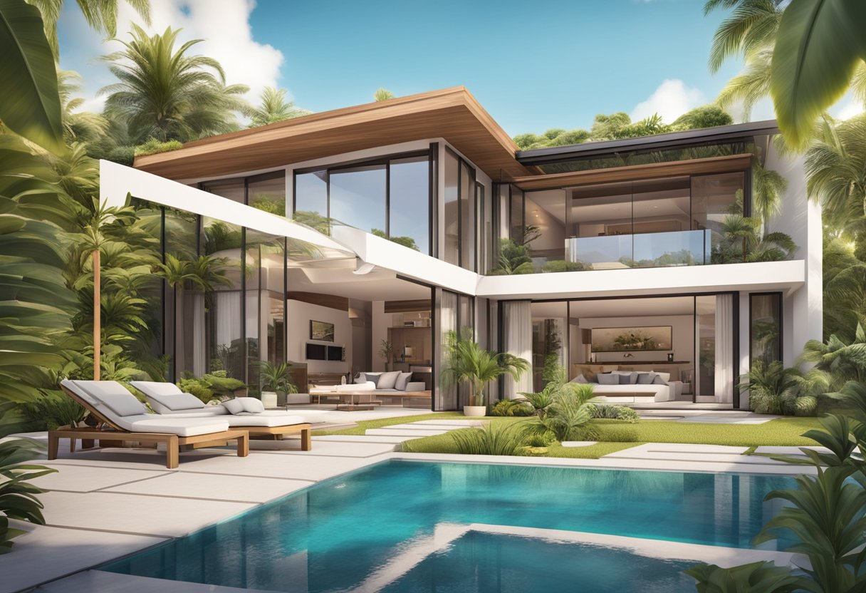 A luxurious villa with a private pool and lush tropical gardens, surrounded by modern amenities and stylish decor