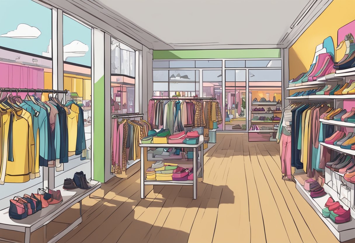 A colorful store front with "Cotton On" signage, displaying trendy clothing and accessories. Shoppers browsing racks and trying on items