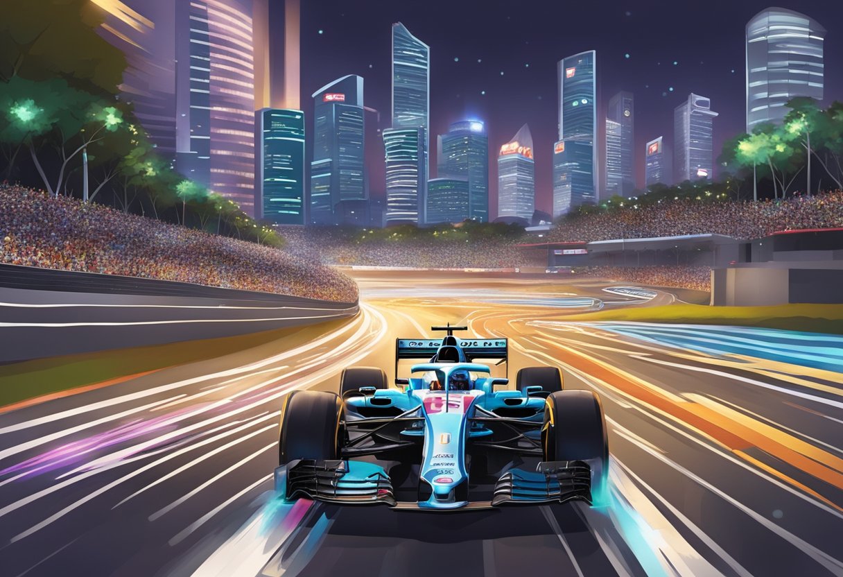 The Singapore Grand Prix buzzes with excitement as cars zoom around the illuminated city streets, while spectators cheer and the skyline sparkles