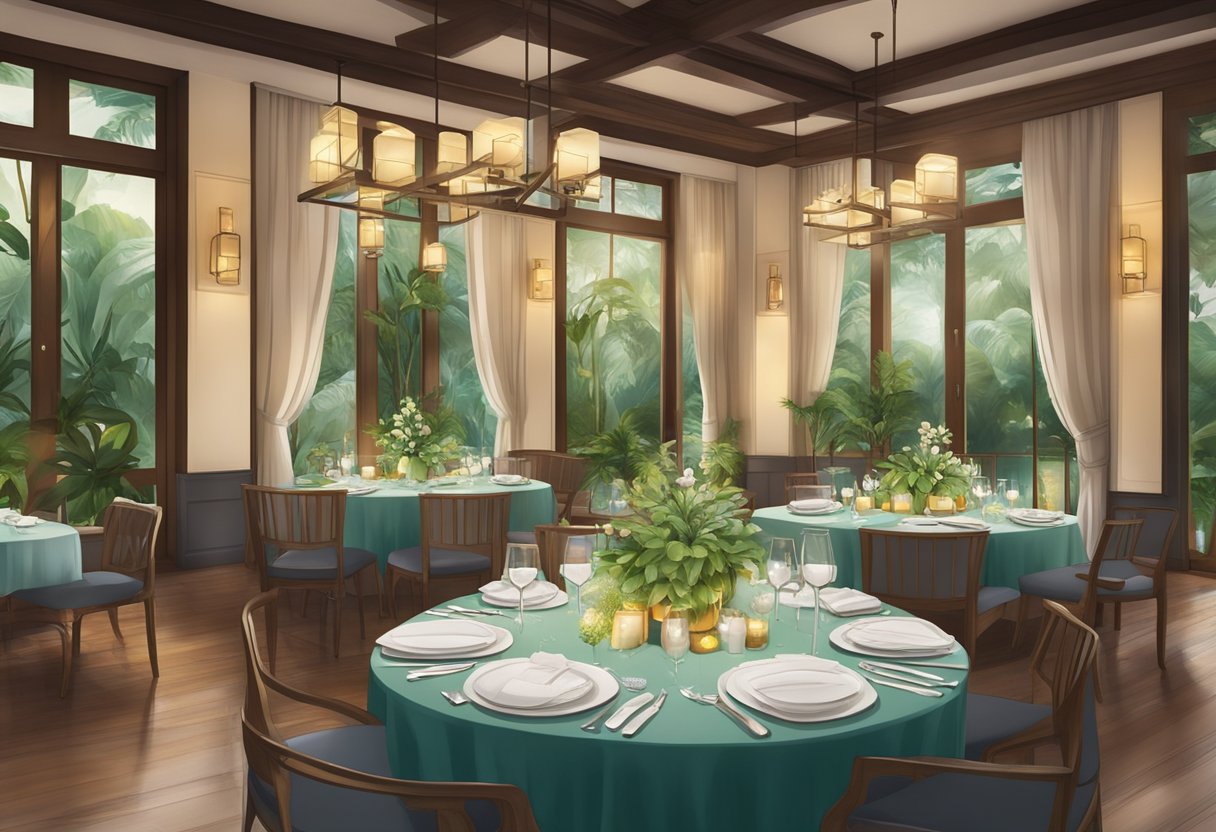 A cozy dining area with elegant table settings, surrounded by lush greenery and soft lighting at Villa Samadhi Singapore