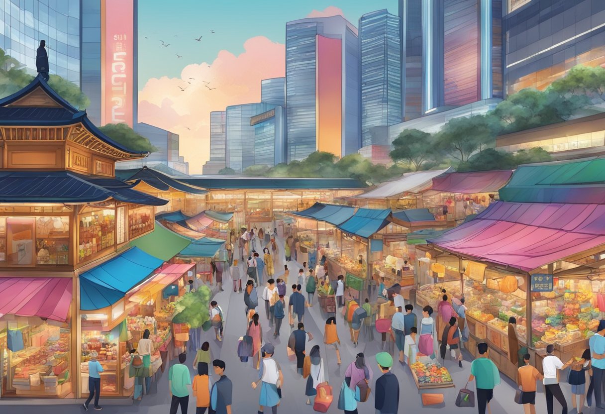 A bustling marketplace in Qoo10 Singapore, with colorful stalls and busy shoppers browsing through a variety of products