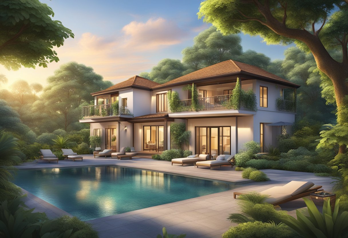 A serene villa nestled in lush greenery, with a tranquil pool and cozy outdoor seating, surrounded by a peaceful and idyllic atmosphere