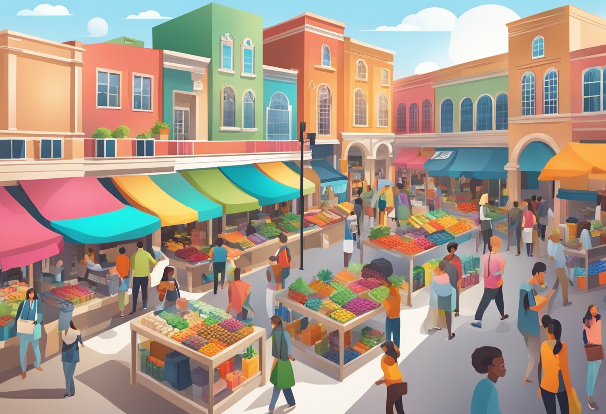 A bustling marketplace with colorful displays and diverse products, shoppers browsing and interacting with vendors
