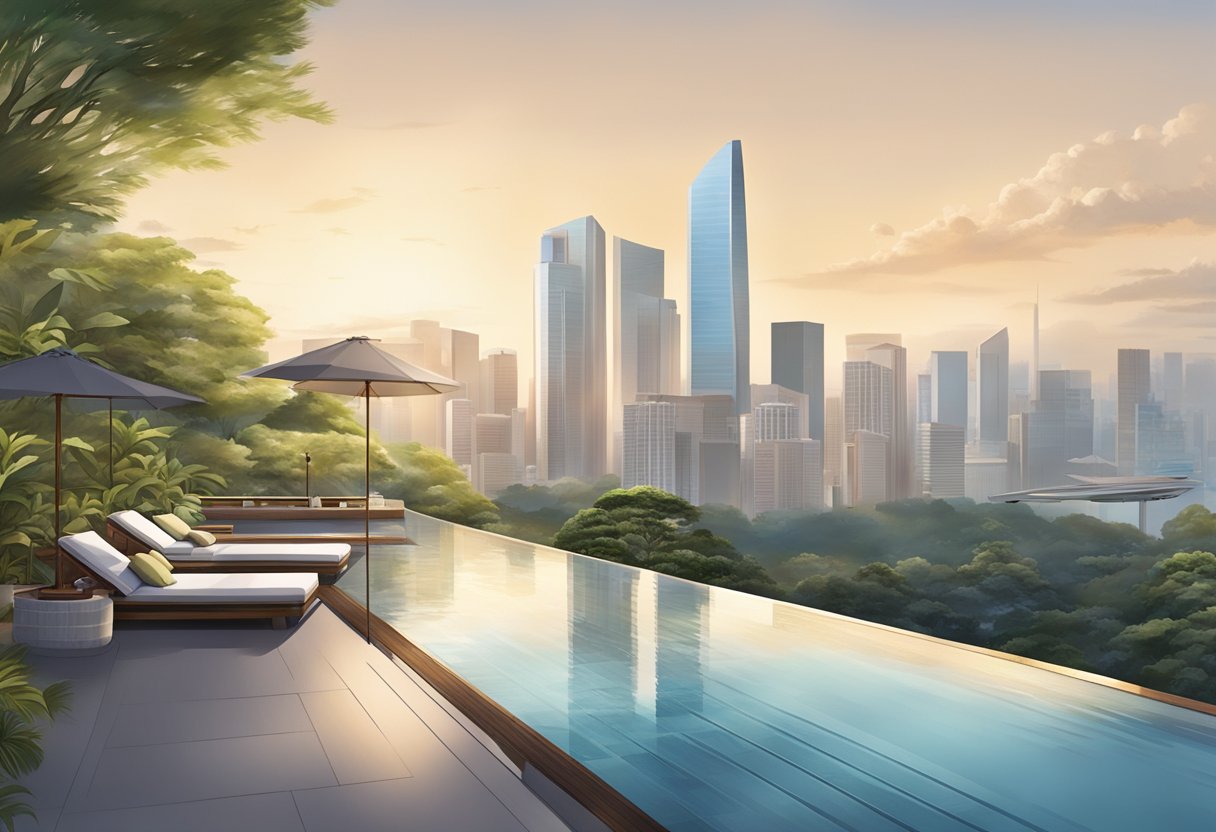 The iconic rooftop infinity pool at Nobu Singapore overlooks the city skyline, with lush greenery and modern architecture creating a stunning backdrop