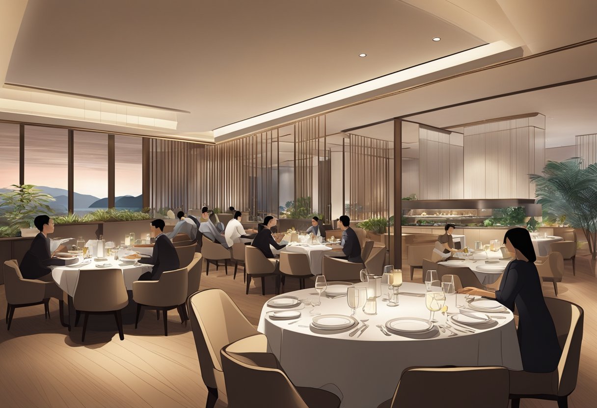 Guests enjoy a modern, elegant dining room at Nobu Singapore, with sleek furniture and ambient lighting. The open kitchen showcases skilled chefs preparing exquisite Japanese-Peruvian cuisine