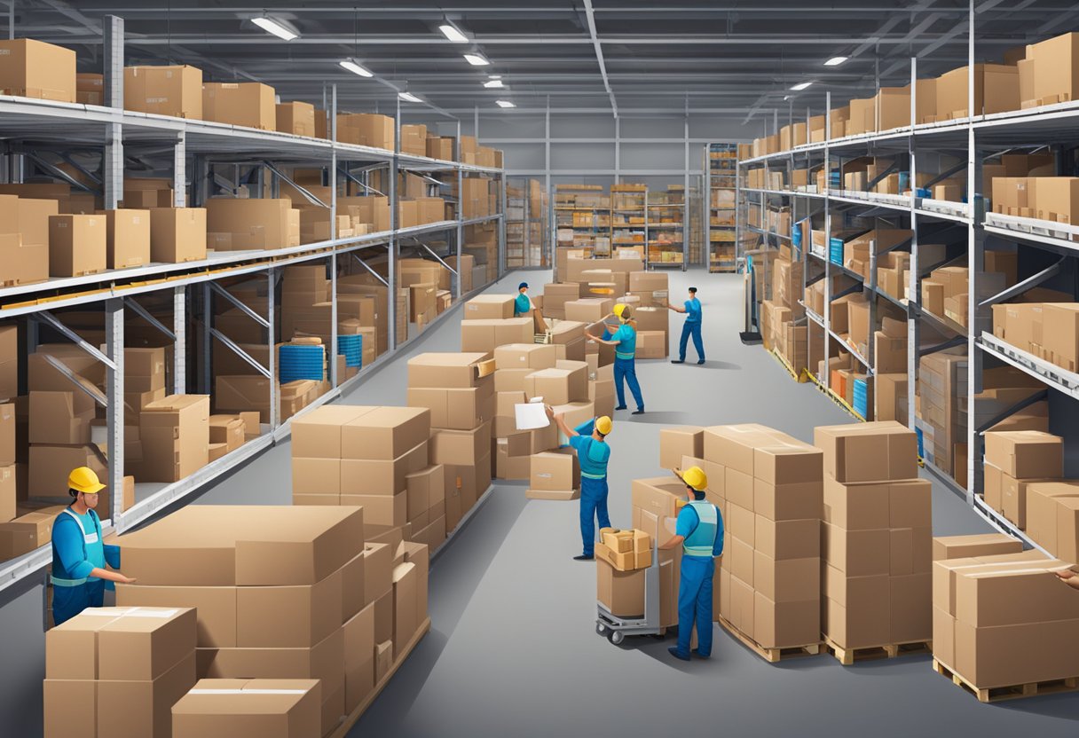 A bustling warehouse with shelves of products, workers packing orders, and delivery trucks loading up