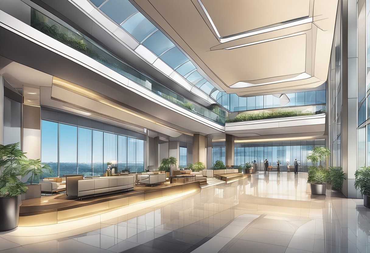 A sleek, modern hotel lobby with futuristic design elements and a view of the bustling Singapore Changi Airport