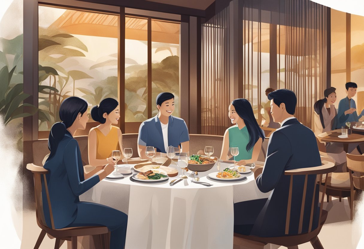 A group of diverse individuals gather around a table at Nobu Singapore, engaged in lively conversation and enjoying the restaurant's elegant ambiance