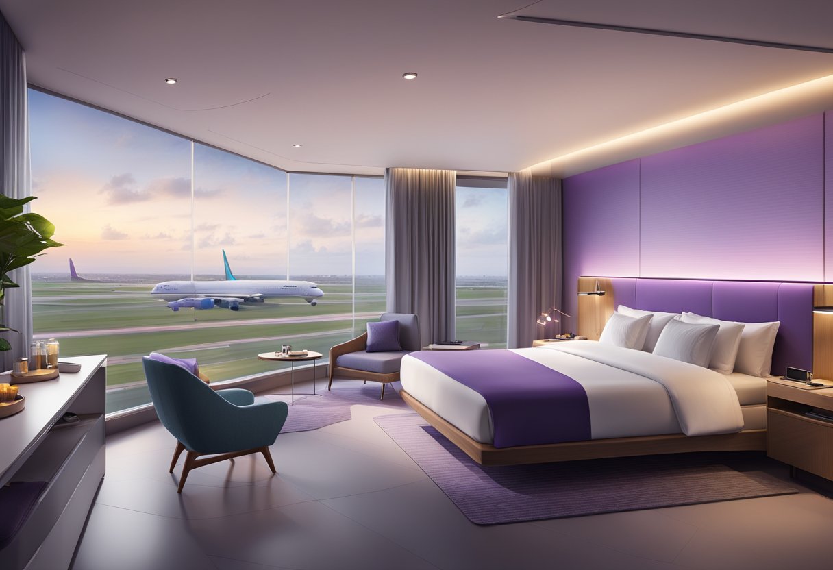 A modern and sleek hotel room with a comfortable bed, high-tech amenities, and a view of the airport runway at yotelair Singapore Changi Airport