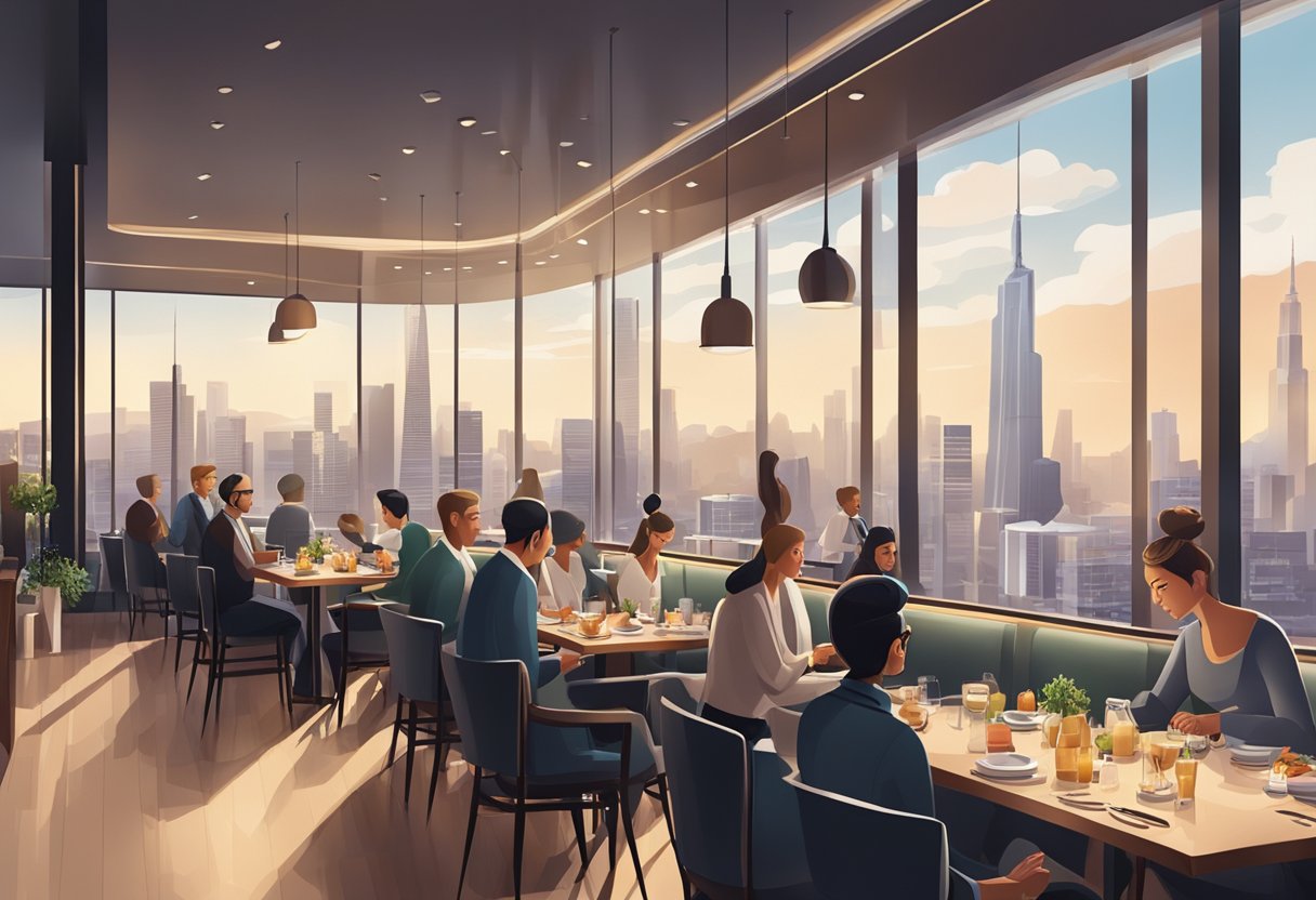 A bustling restaurant with a sleek, modern interior. The staff are attentive, and diners are enjoying their meals with a view of the city skyline