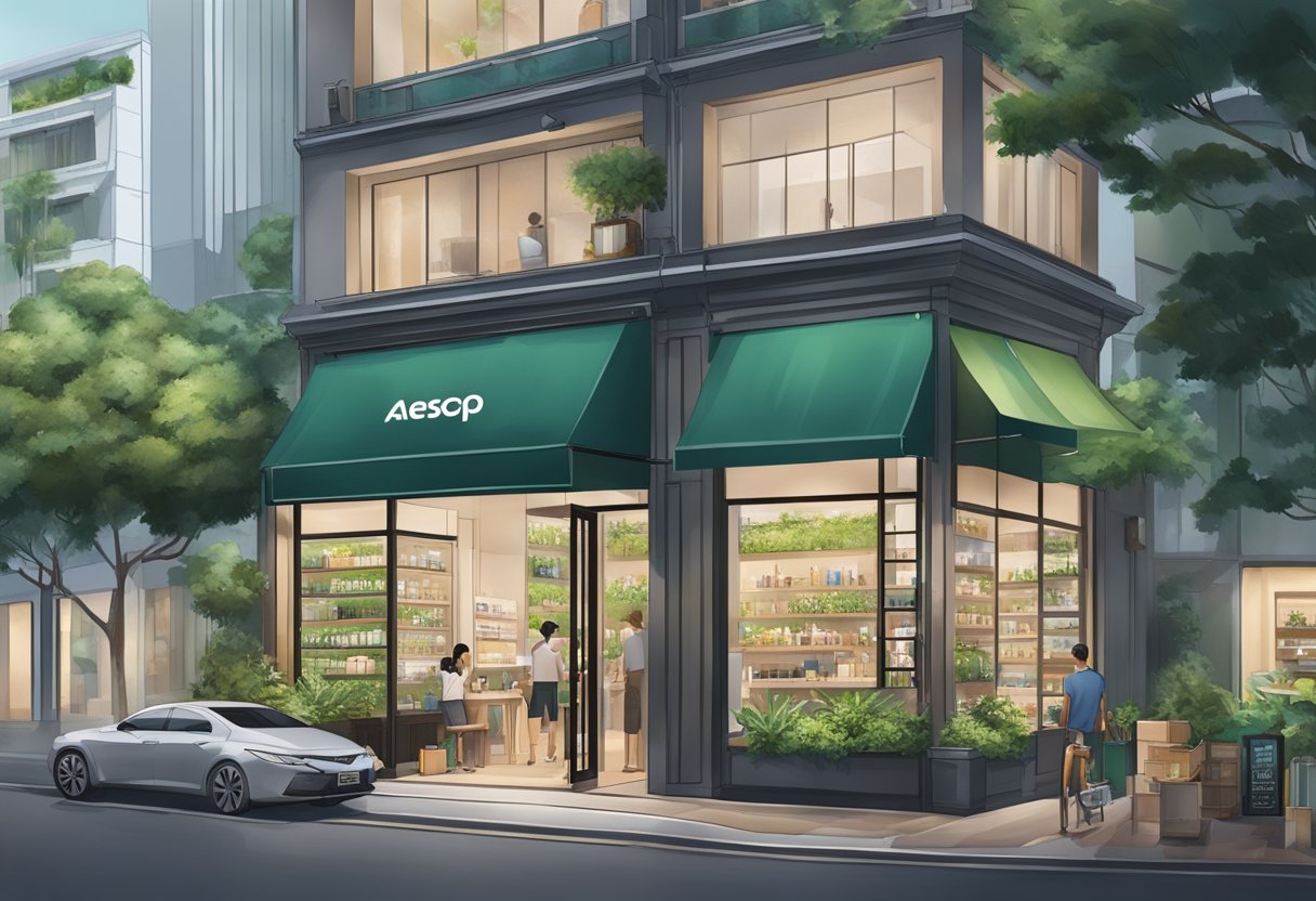 A bustling Singapore street with a sleek Aesop storefront, surrounded by lush greenery and modern architecture