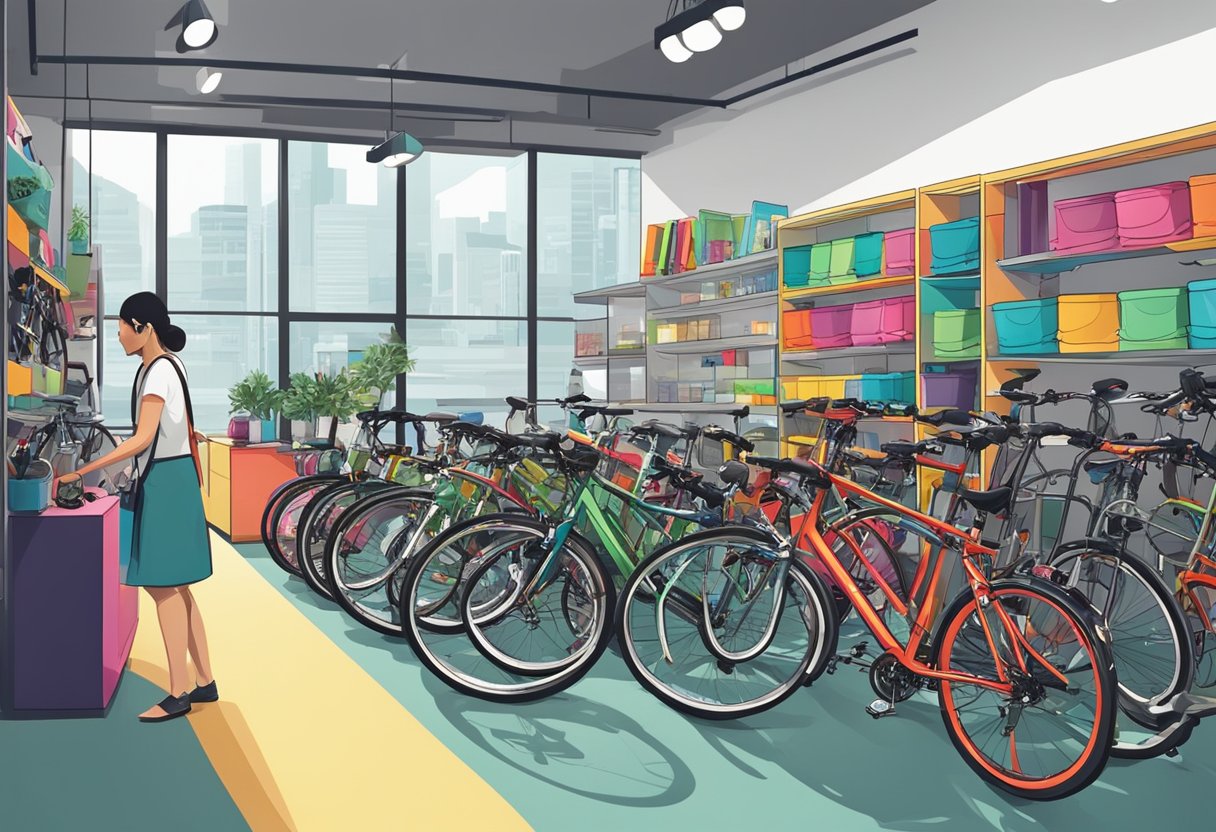 Customers browsing colorful bikes and accessories in a modern Singapore bike shop