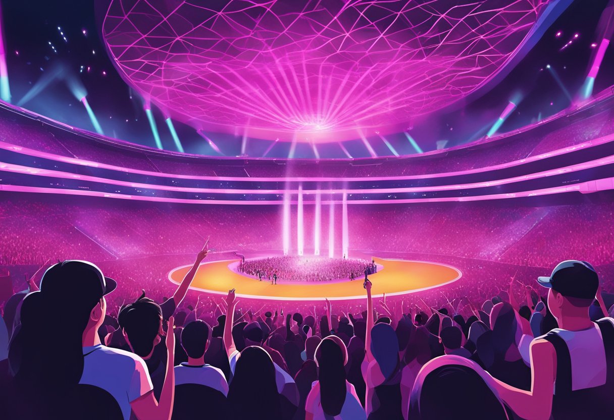 Excited fans fill the stadium, waving light sticks as Blackpink performs on stage in Singapore. The vibrant lights and energetic atmosphere create a thrilling concert experience