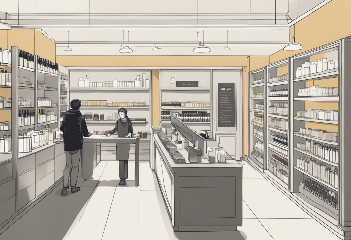 Customers browse Aesop products in a sleek, minimalist store. A knowledgeable staff member assists a customer at the checkout counter