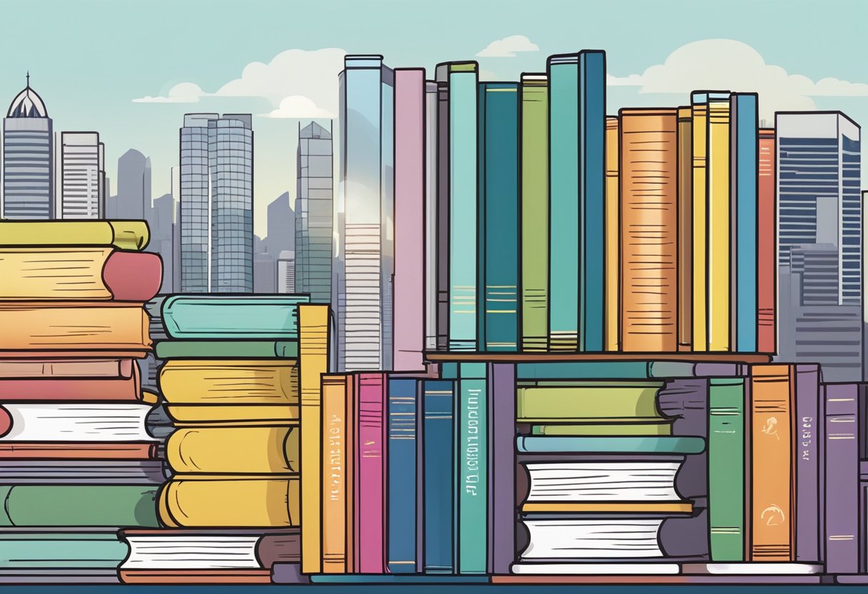 A stack of colorful books with "Frequently Asked Questions" on the cover, set against a backdrop of the Singapore skyline