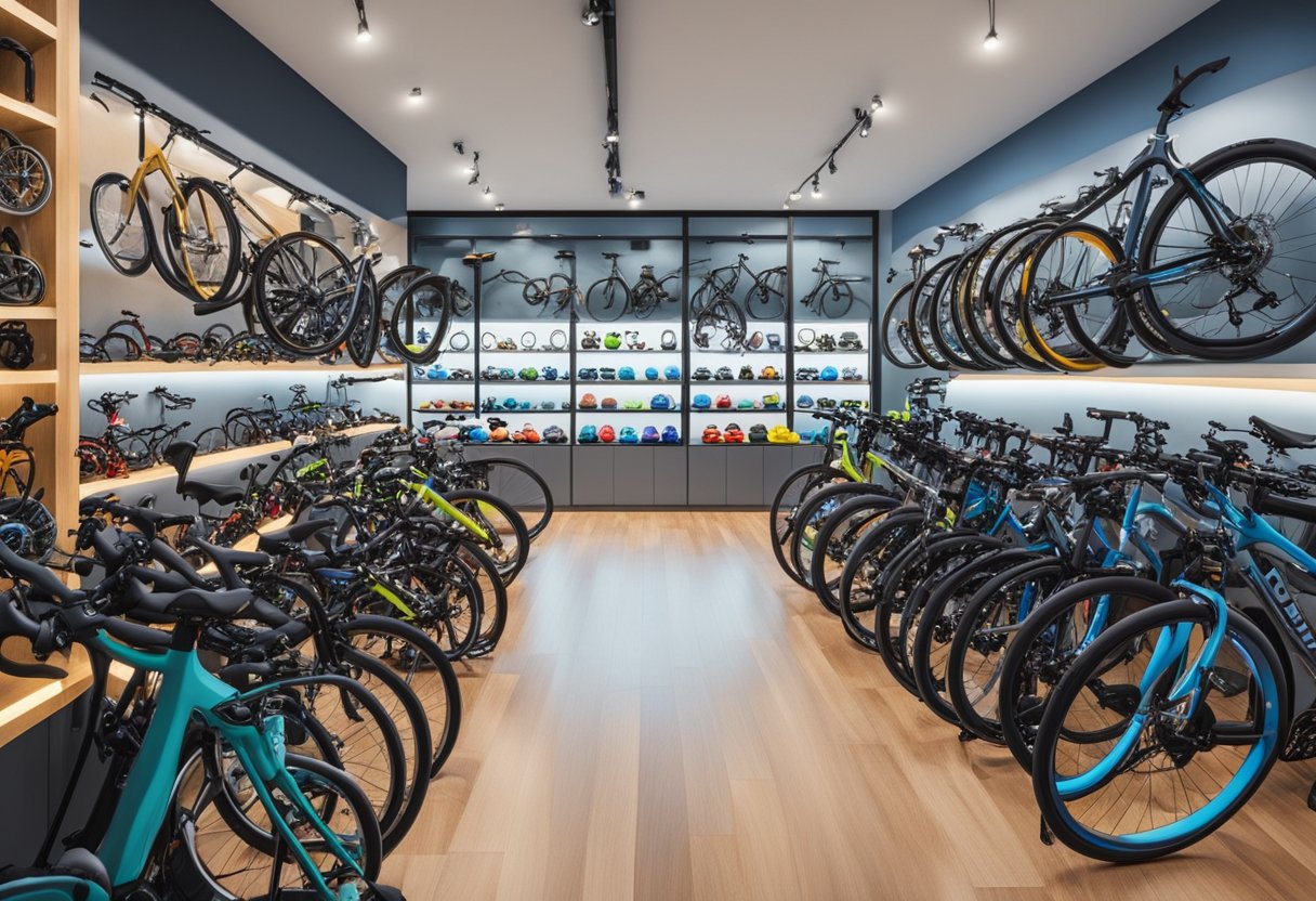 Various bikes and cycling gear displayed in a well-lit bike shop in Singapore. Bicycles of different types and sizes are neatly arranged with helmets, gloves, and other accessories showcased alongside them