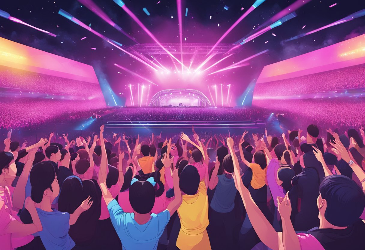 Crowds cheer as Blackpink performs on stage in Singapore. Bright lights illuminate the energetic atmosphere. Fans wave light sticks in the air