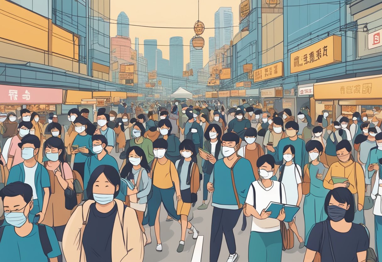A crowded street with people wearing masks, reading a sign that says "Frequently Asked Questions Singapore Wuhan Virus"