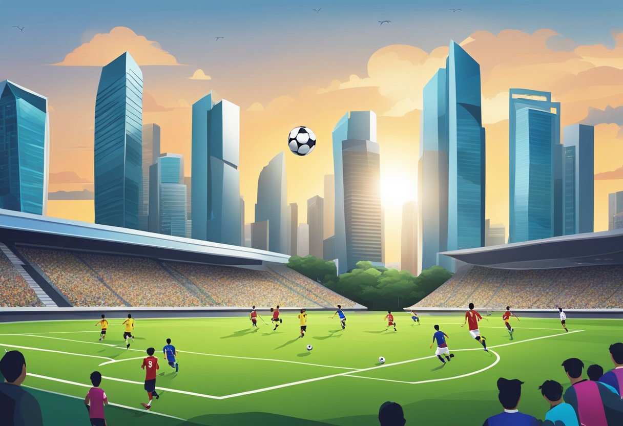 Soccer field in Singapore, players in action, city skyline in the background