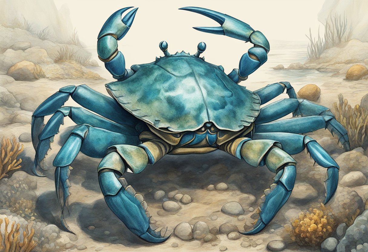 A colossal crab emerges from the depths, towering over the surrounding marine life with its massive claws and armored exoskeleton