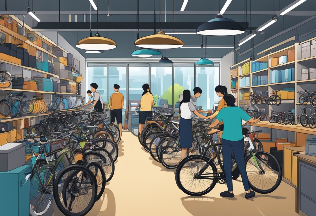A busy bike shop in Singapore, with customers browsing and staff assisting. Bicycles of various types and colors are displayed on racks and shelves