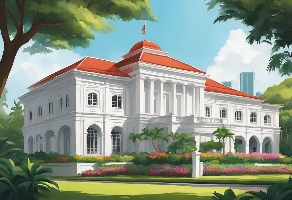 The Singapore Cricket Club's iconic colonial building stands proudly amidst lush greenery, with its distinctive white facade and red roof creating a striking contrast against the vibrant surroundings