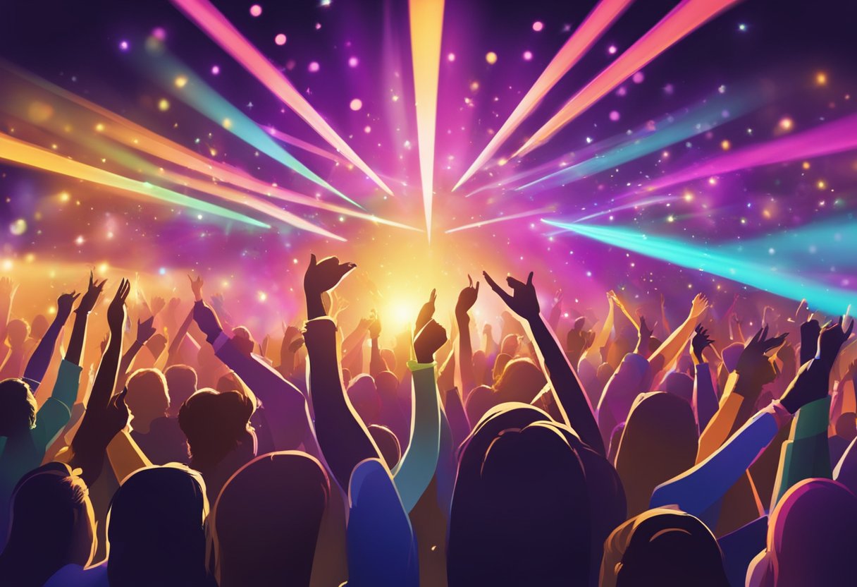 Crowd of fans waving light sticks, stage lit with colorful spotlights, energetic performers dancing and singing on stage