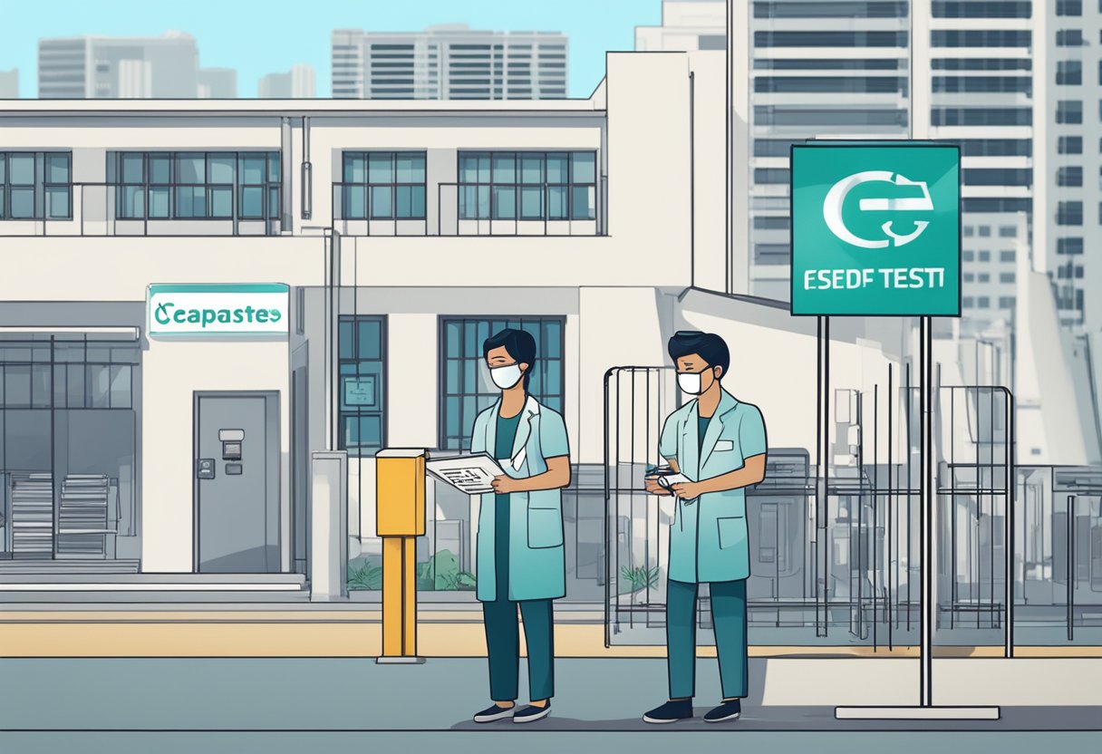 A person holding a test kit in front of a sign reading "Cheapest PCR Test Singapore" with a testing facility in the background