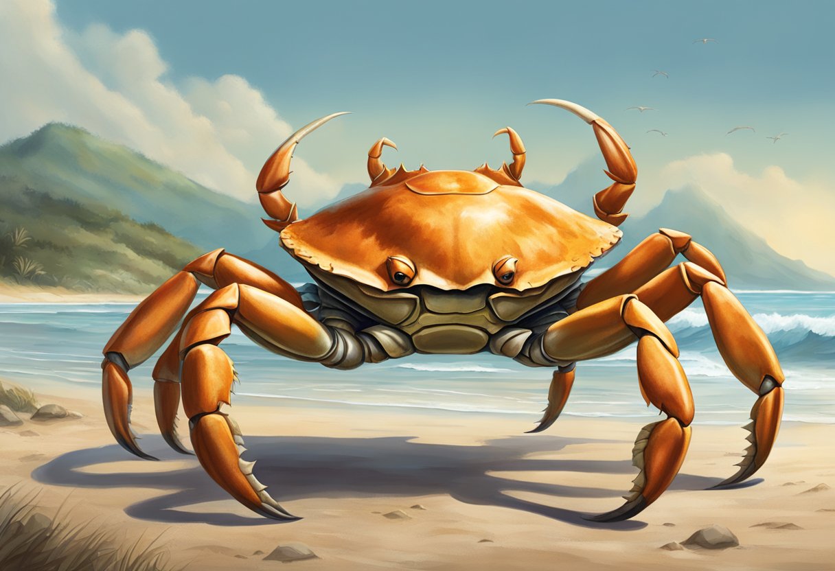 The world's largest crab, towering over the surrounding landscape, scuttles along the sandy shore, its massive claws raised in a defensive stance