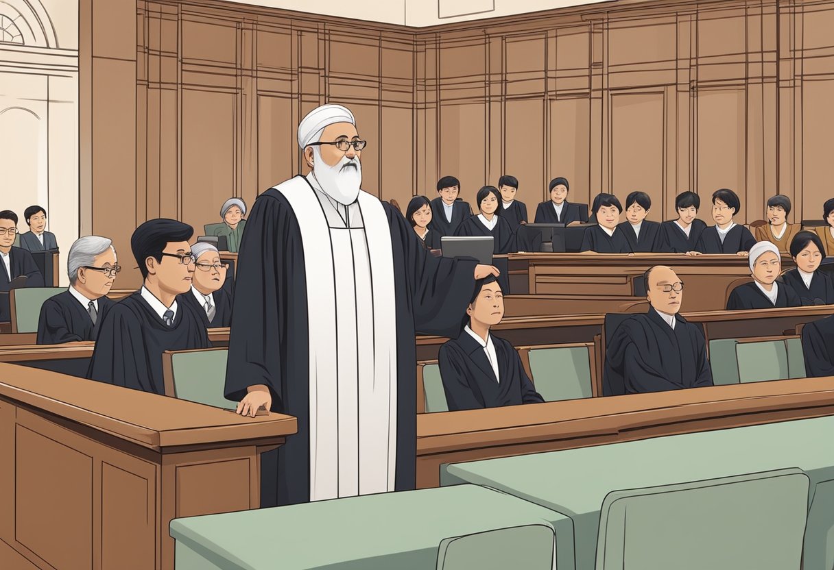 A judge presides over a family law proceeding in a Singapore Syariah court, with lawyers presenting arguments and families observing