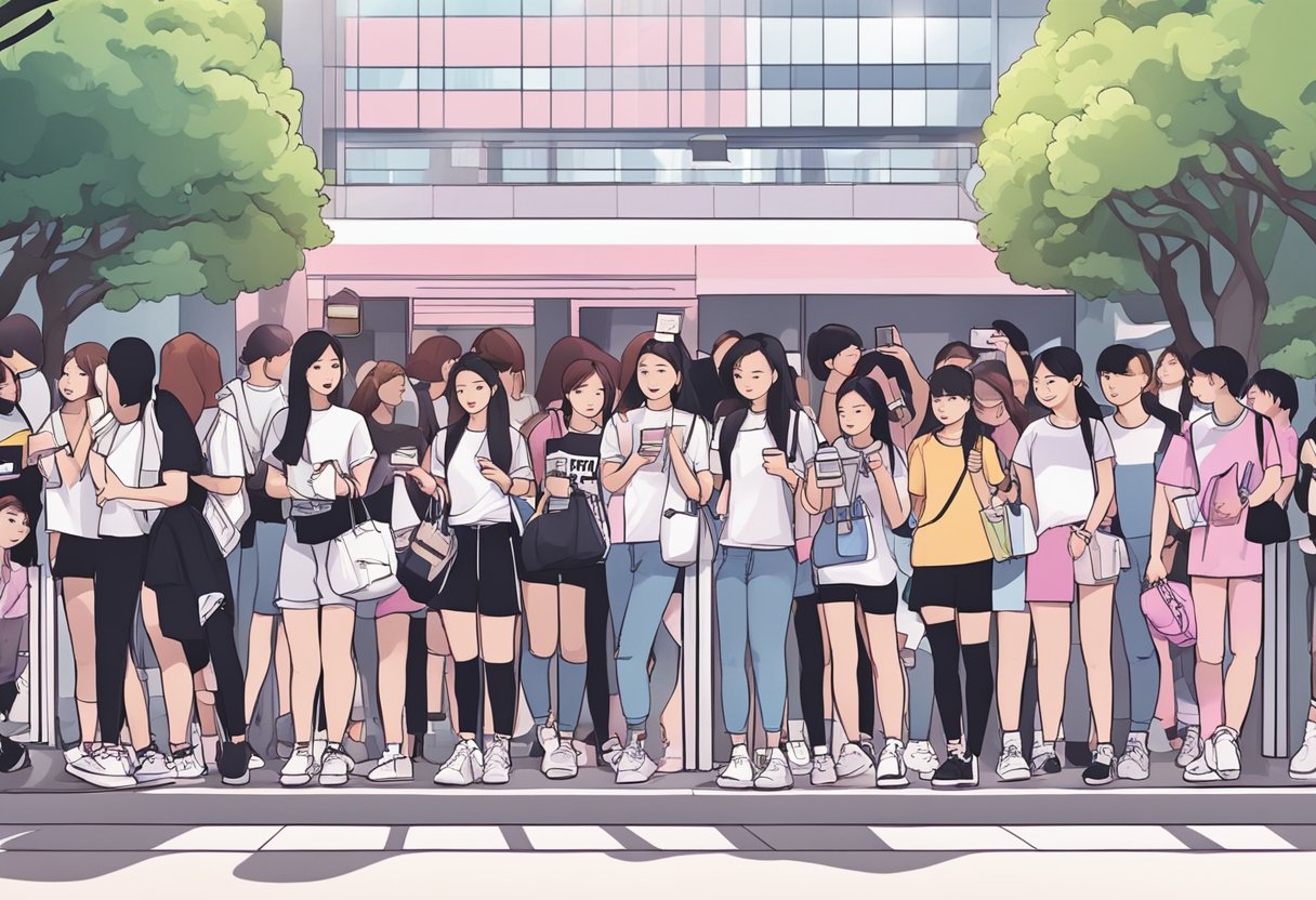 Fans eagerly line up outside the venue, holding tickets and merchandise, while staff members prepare for the highly anticipated Blackpink concert in Singapore