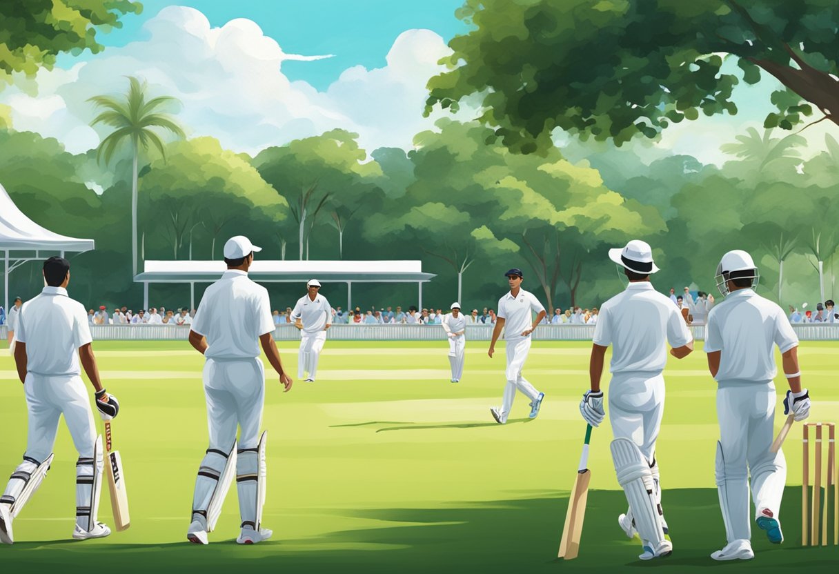 Players in white uniforms play cricket on a lush green field at the Singapore Cricket Club. Spectators cheer from the sidelines