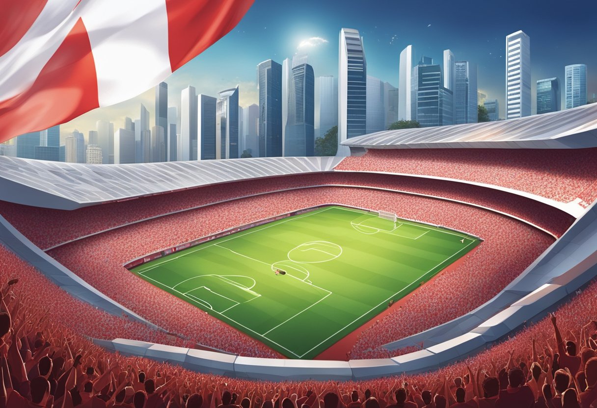 A soccer ball flies across a vibrant stadium as players in red and white jerseys compete on the field. Fans cheer enthusiastically, waving flags and banners, while the Singapore skyline looms in the background, symbolizing the growth and potential of Singapore soccer