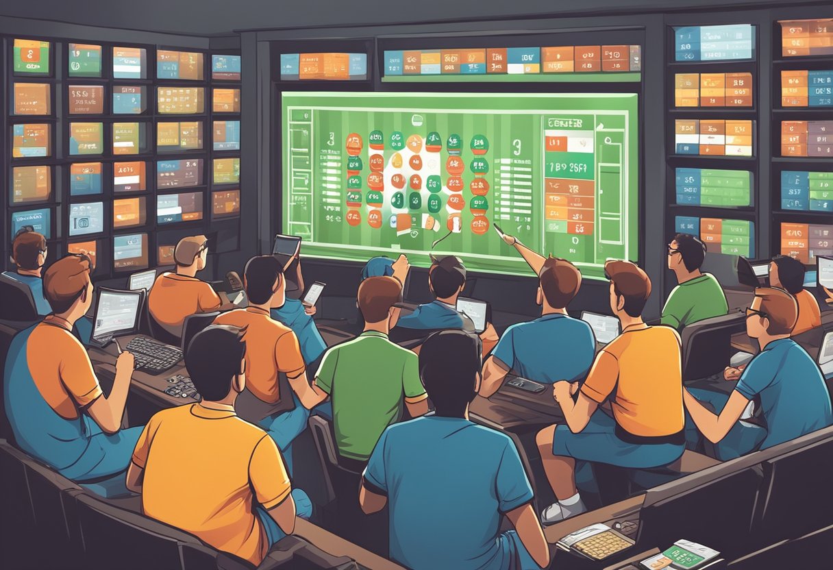 A group of soccer fans eagerly studying odds on a screen, surrounded by betting slips and cheering for their favorite teams