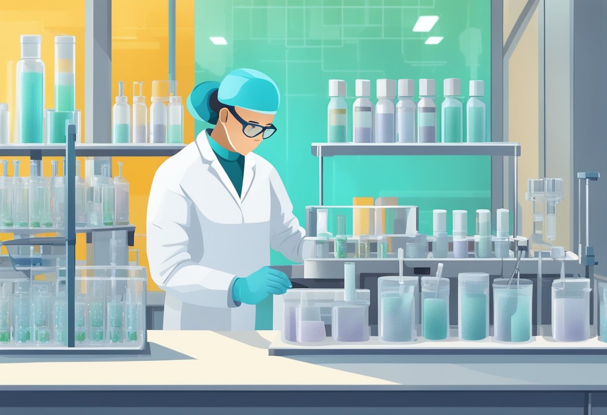 A laboratory technician prepares PCR test samples, using various equipment and reagents, in a controlled environment