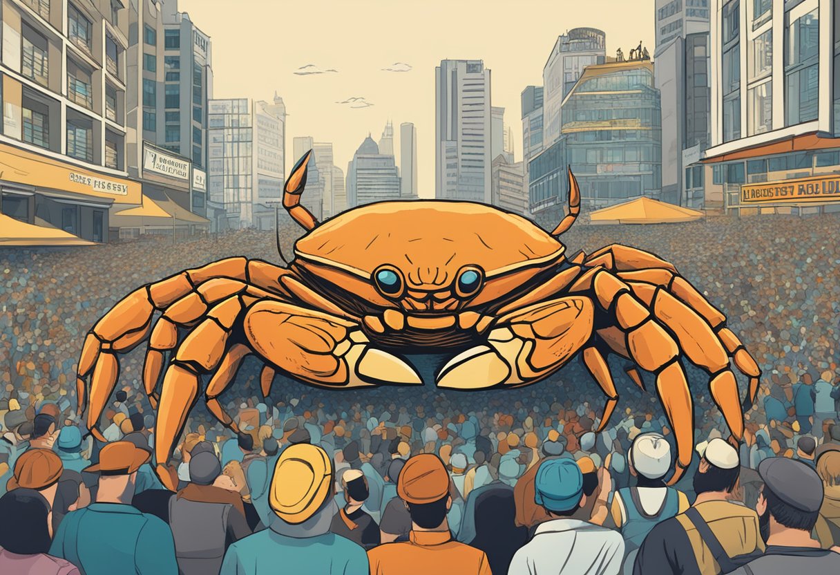 A giant crab towering over a bustling crowd, with a sign reading "Frequently Asked Questions world's most biggest crab" in bold letters