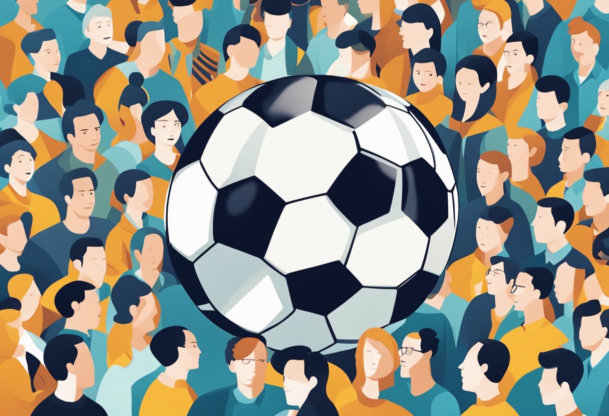 A soccer ball surrounded by a group of people with question marks floating above their heads