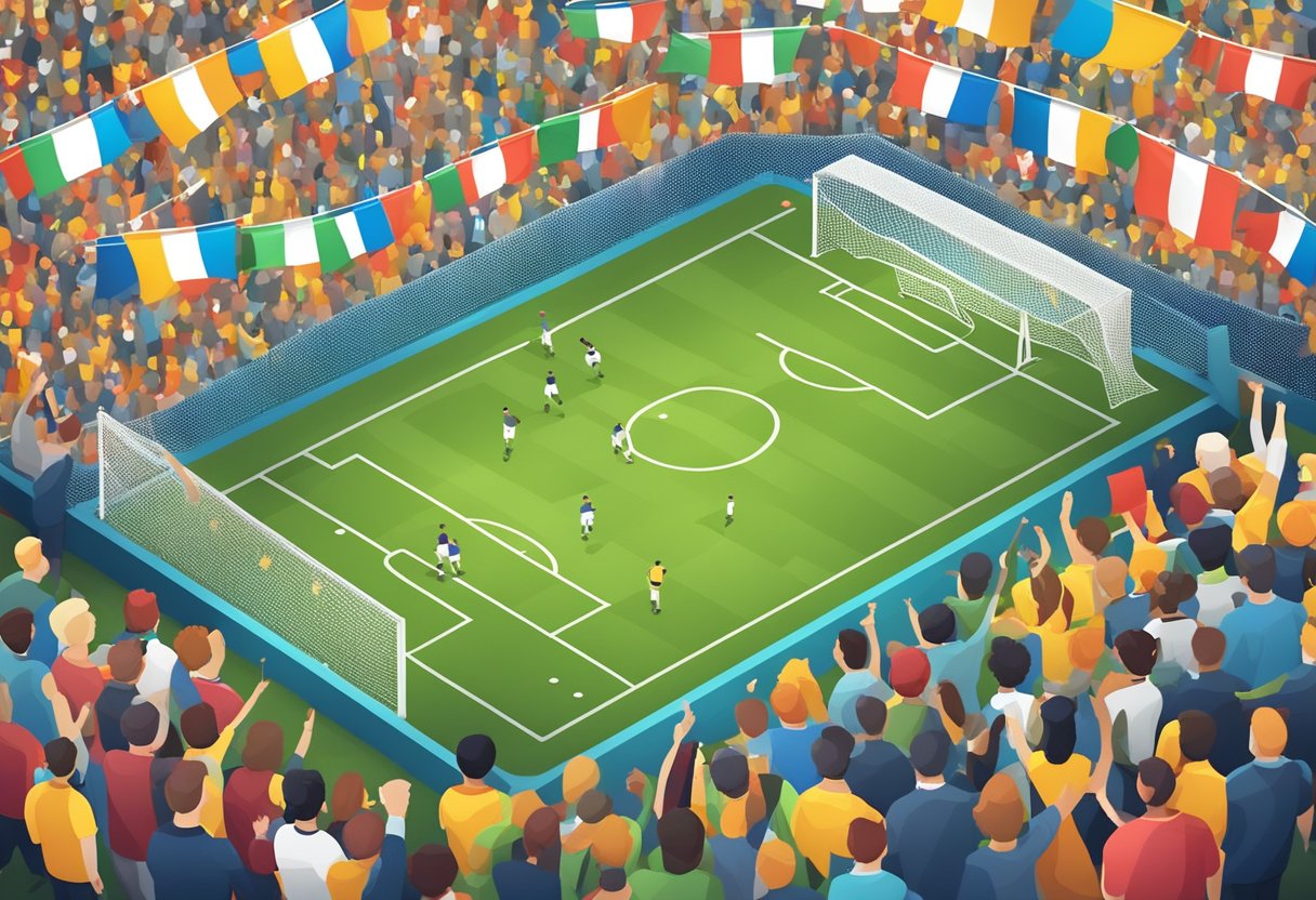 A soccer match odds board with various numbers and symbols, surrounded by enthusiastic fans cheering and waving flags