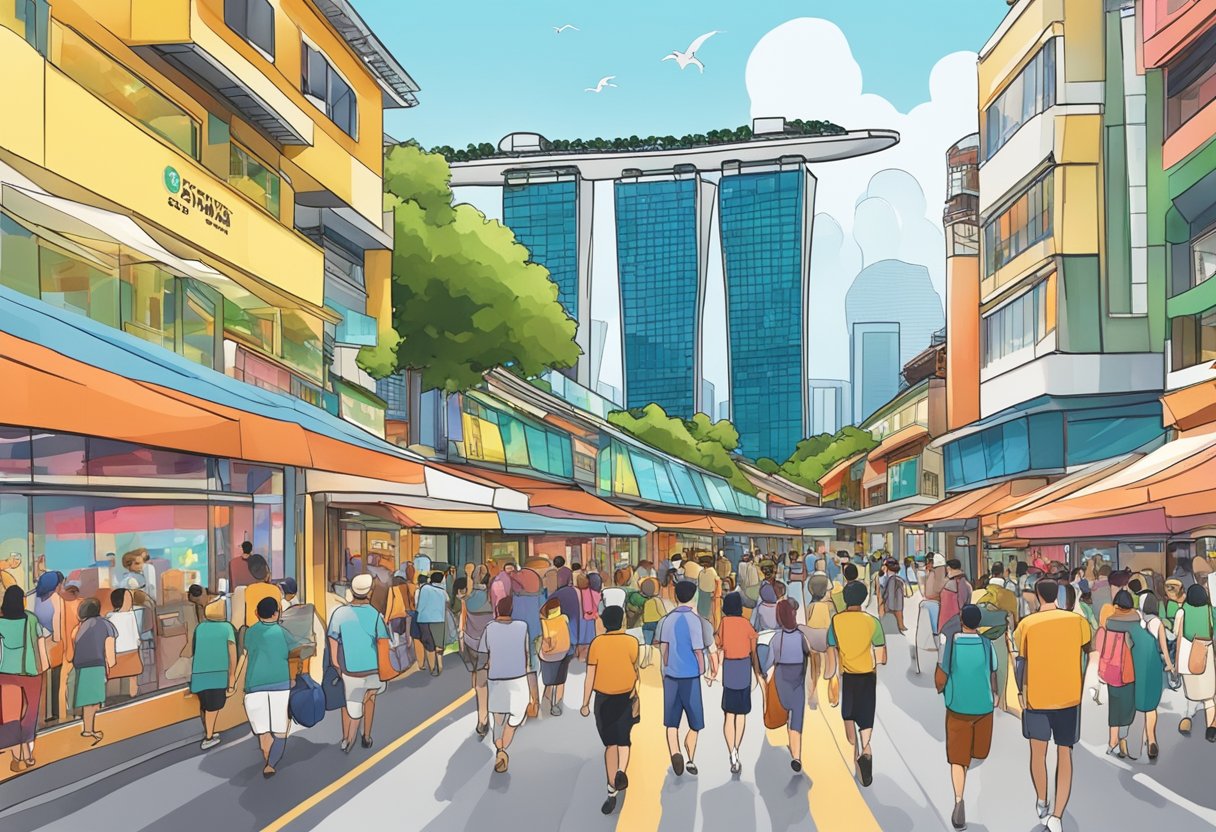 A bustling street in Singapore with colorful shopfronts and bustling crowds. The iconic Marina Bay Sands and the Singapore Flyer loom in the background