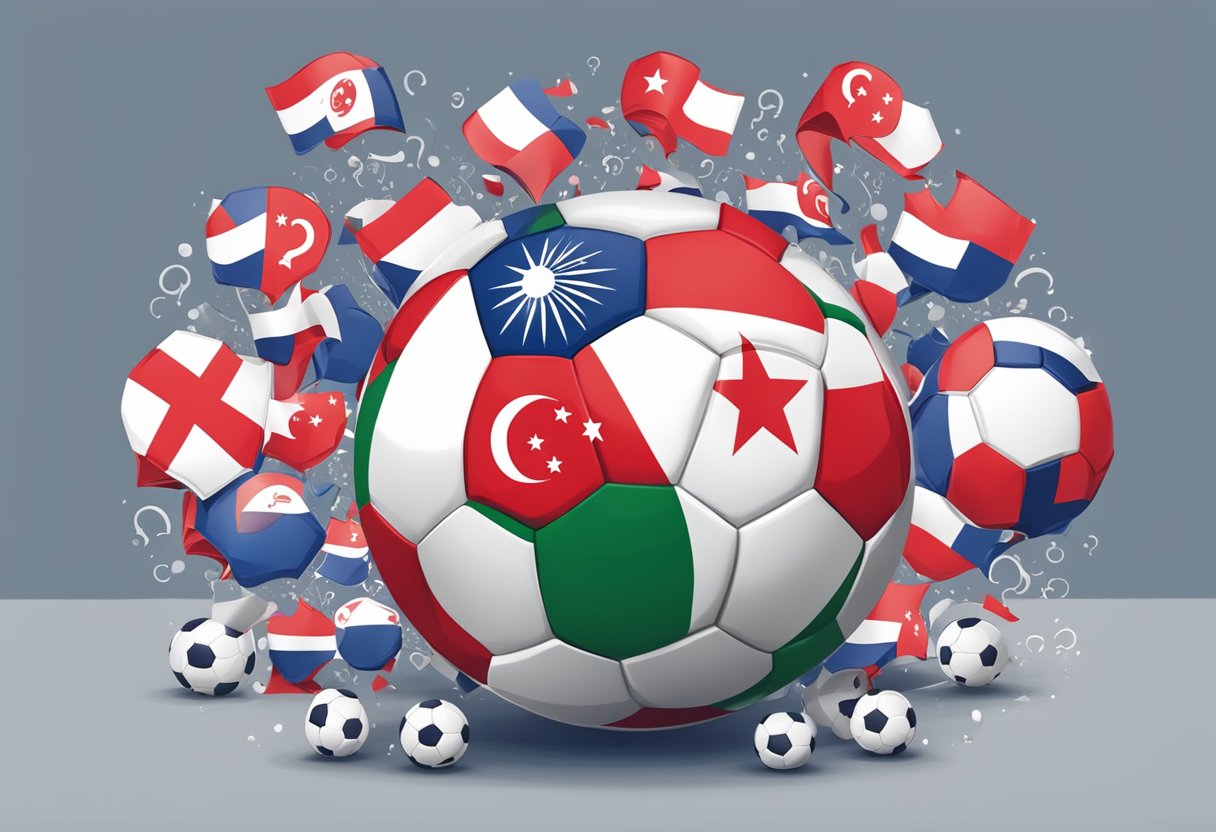 A soccer ball surrounded by question marks, with a Singapore flag in the background