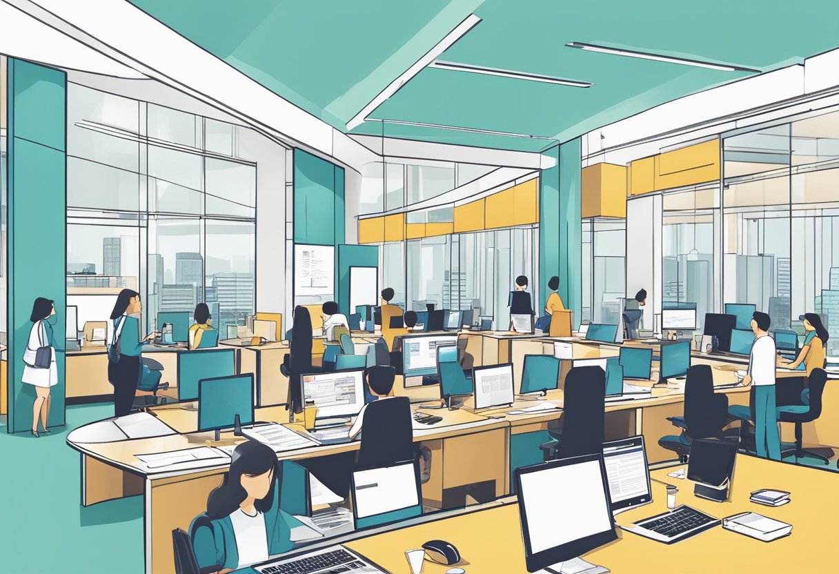Academic Programmes and Partnerships in Singapore: A bustling office with modern decor, vibrant meeting rooms, and a wall of accolades