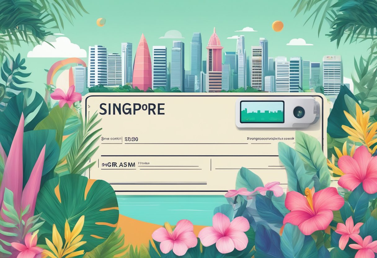 A colorful voucher with Singapore landmarks and a QR code, surrounded by tropical plants and iconic cityscape
