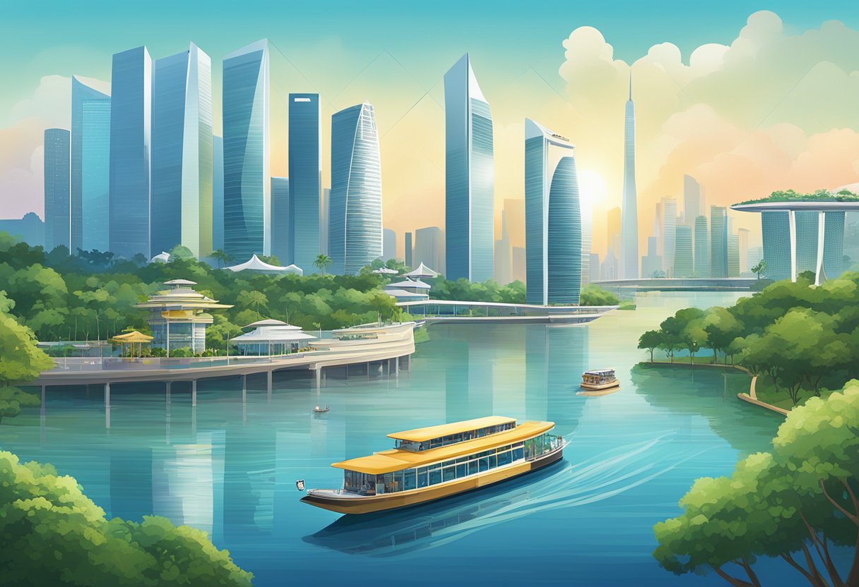 A bustling cityscape of modern skyscrapers and bustling streets, with iconic landmarks like the Marina Bay Sands and the Singapore Flyer, set against a backdrop of lush greenery and the sparkling waters of the Marina Bay