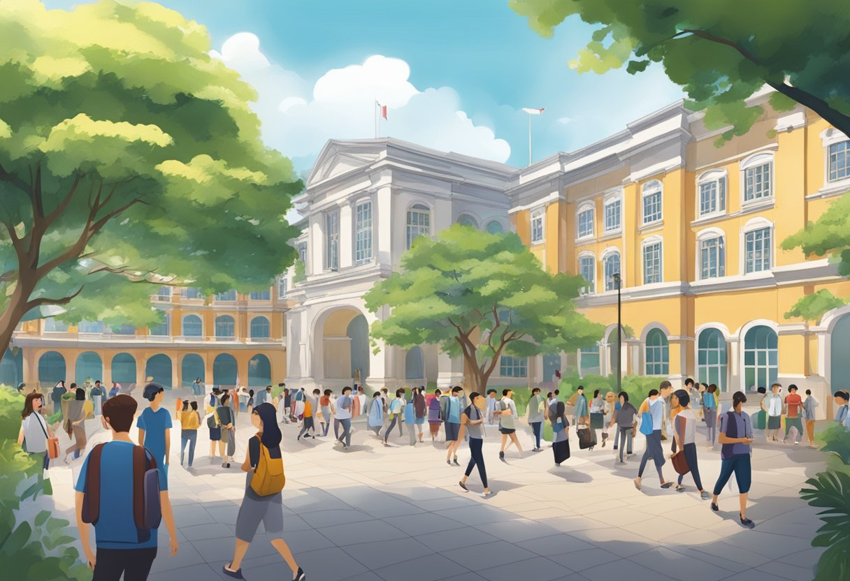 A bustling university campus with students studying, socializing, and seeking support from staff in Singapore