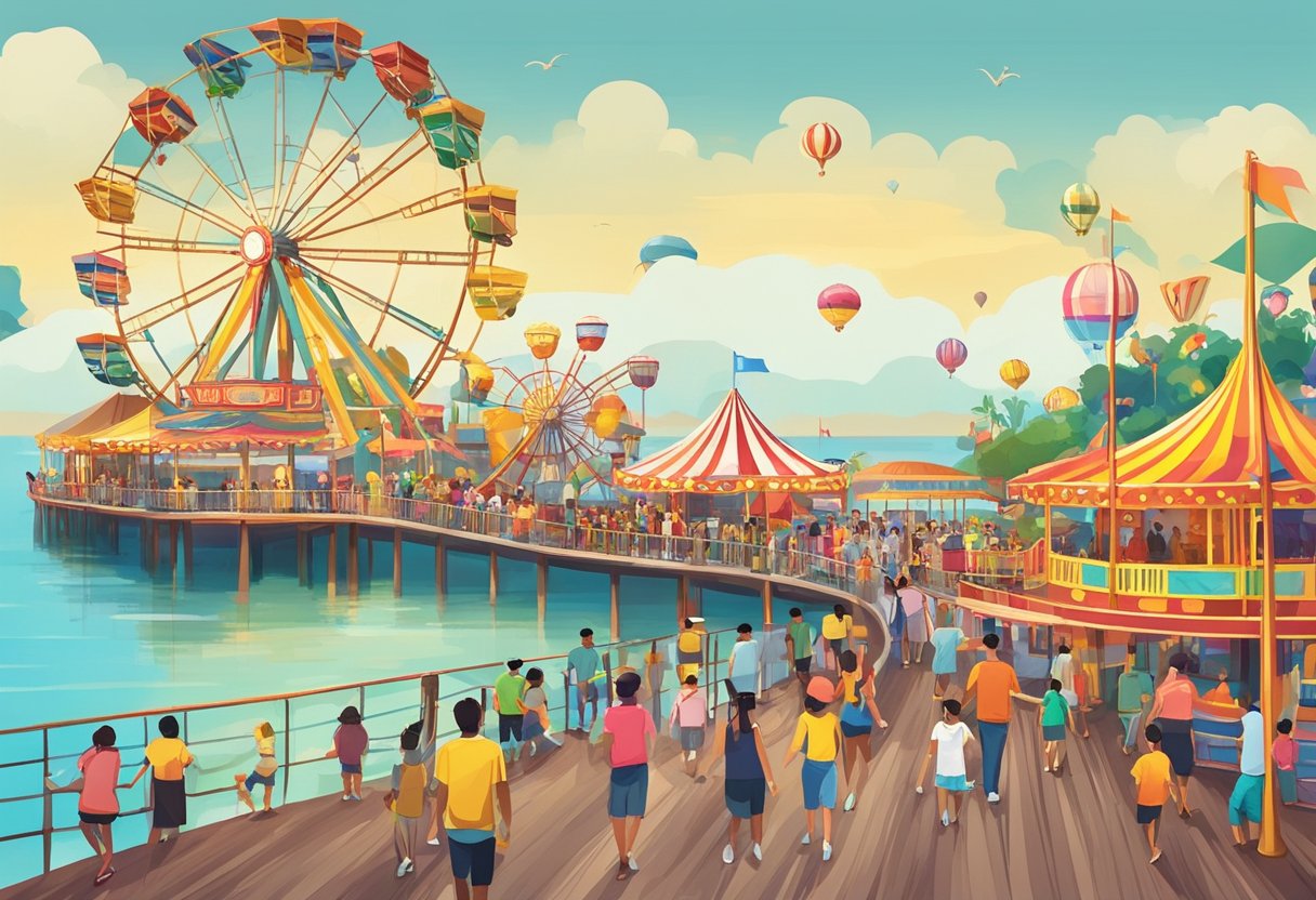 Colorful carnival rides and games line the boardwalk at Coney Island Singapore, with families enjoying the lively atmosphere and scenic ocean views