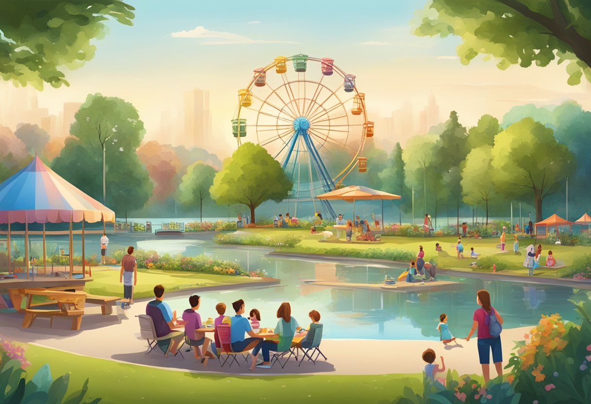 Families picnic in lush greenery near a calm lake, with colorful playgrounds and a towering Ferris wheel in the background