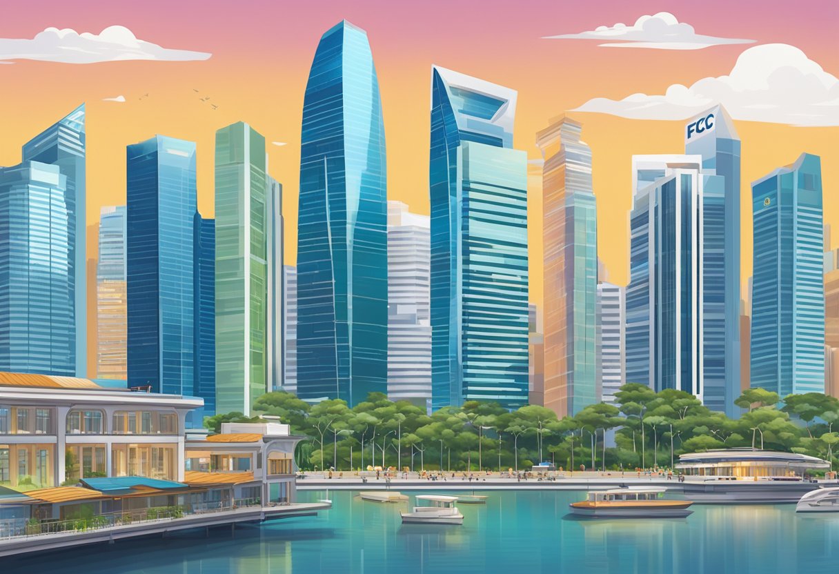 A bustling cityscape with the iconic skyline of Singapore in the background, and the FICO Singapore office building standing tall in the forefront
