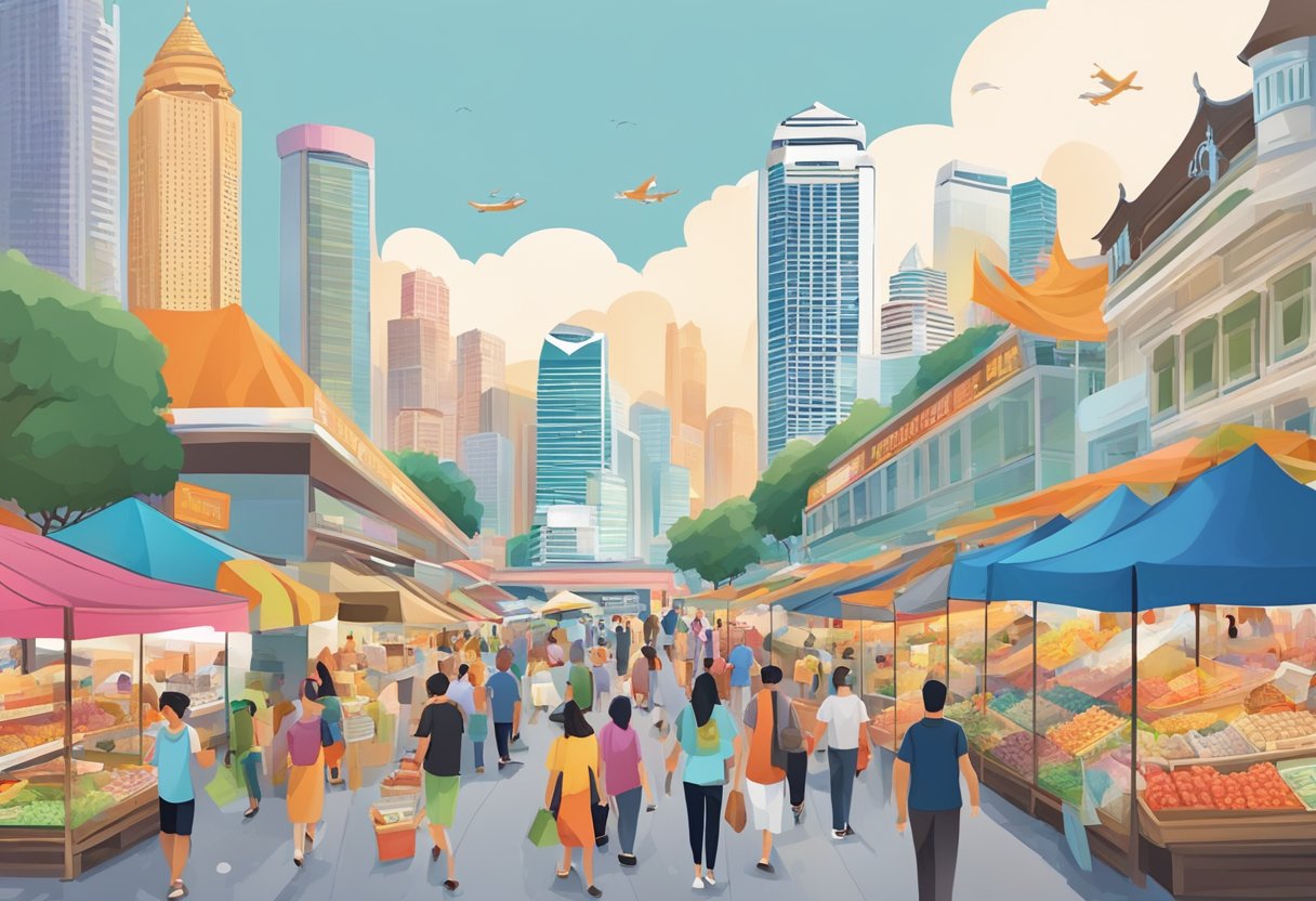 A colorful street market bustling with vendors and shoppers, surrounded by iconic Singaporean landmarks like the Merlion and Marina Bay Sands