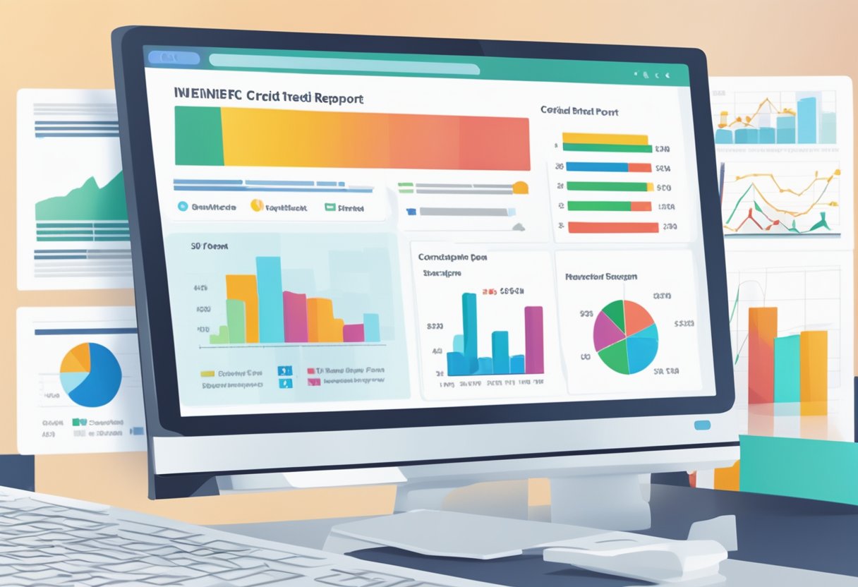 A credit report being reviewed on a computer screen, with charts and graphs showing financial data and a Singaporean flag in the background